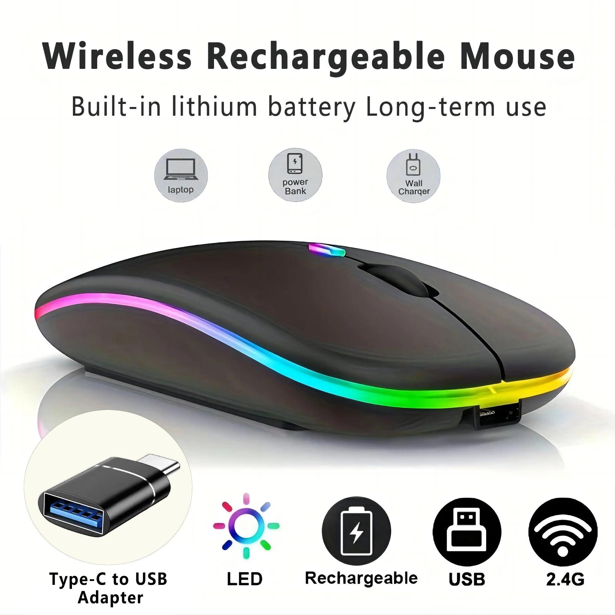 Wireless Mouse With LED Backlight,USB Rechargeable Bluetooth With Type-C Adapter Gaming Mouse Suitable For MAC/Laptop/PC/Windows